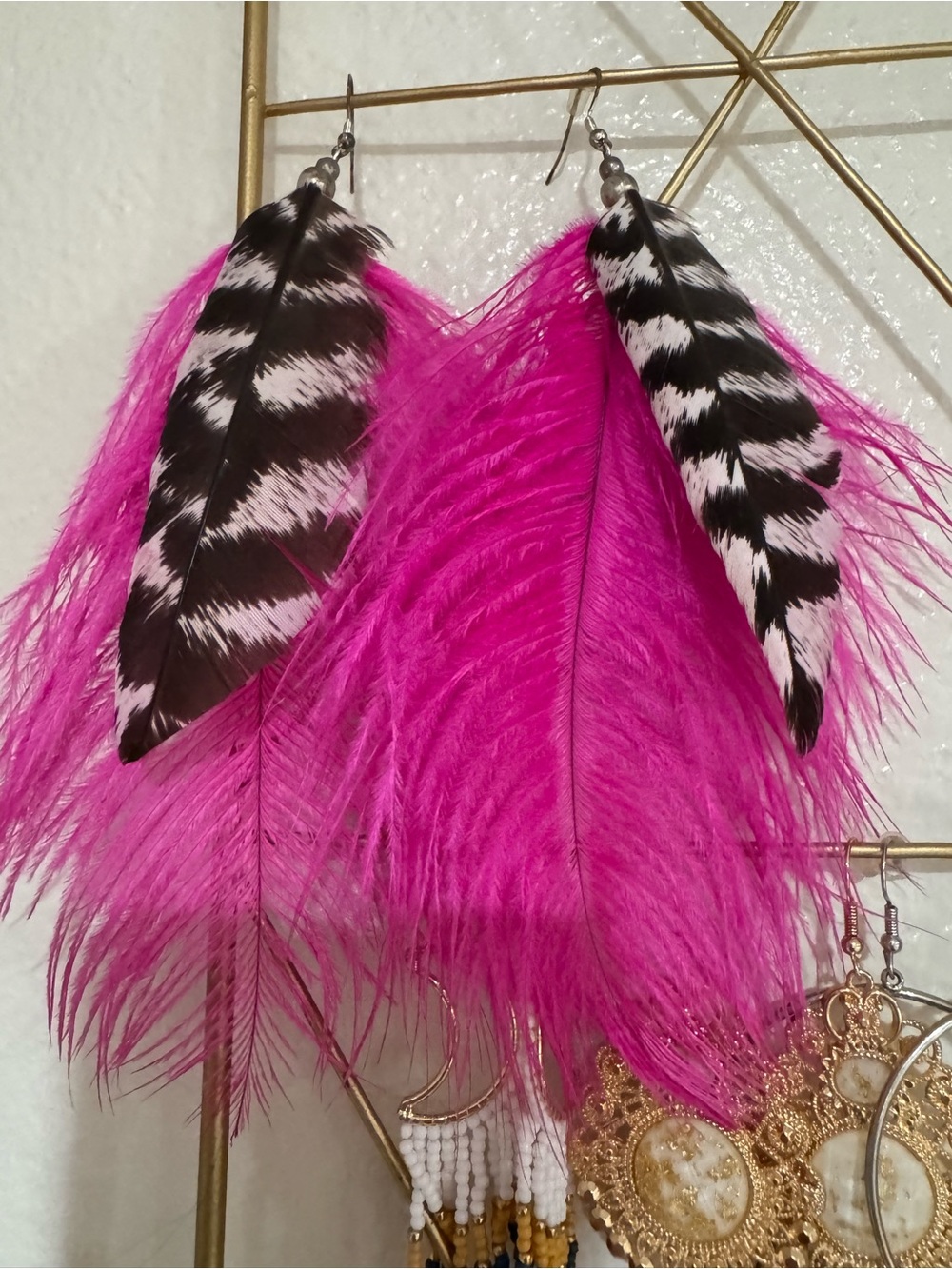 Vibrant Hot Pink Feather Statement Earrings with Black & White Striped Feathers